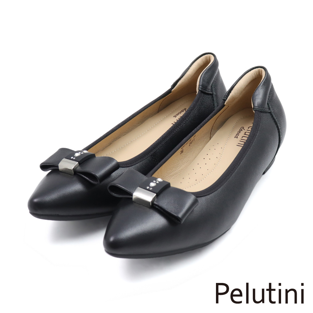 【Pelutini】經典小羊皮小鑽蝴蝶結釦飾尖頭娃娃鞋 黑色(431131W-BL)