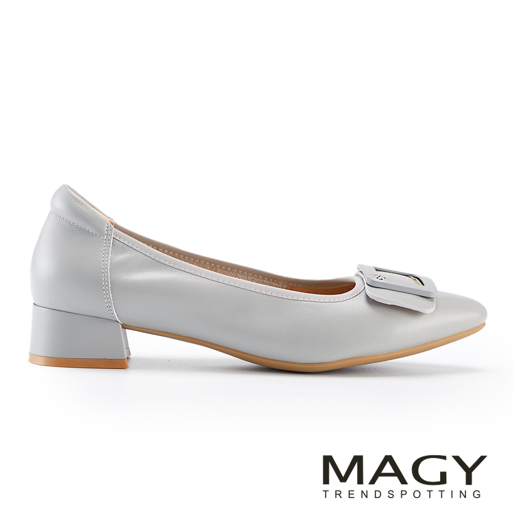 MAGY 典雅方釦牛皮尖頭低跟鞋 藍色 #15234