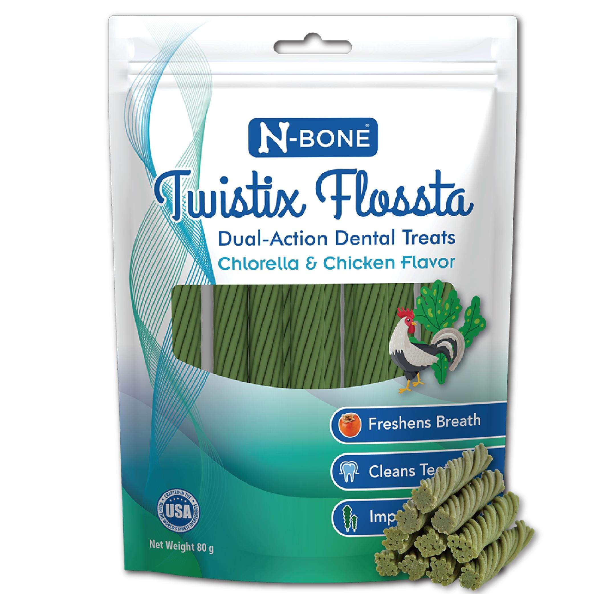 Flossta 芙洛塔 雙效螺旋潔牙條 短支 綠藻雞肉風味 80g/包_1