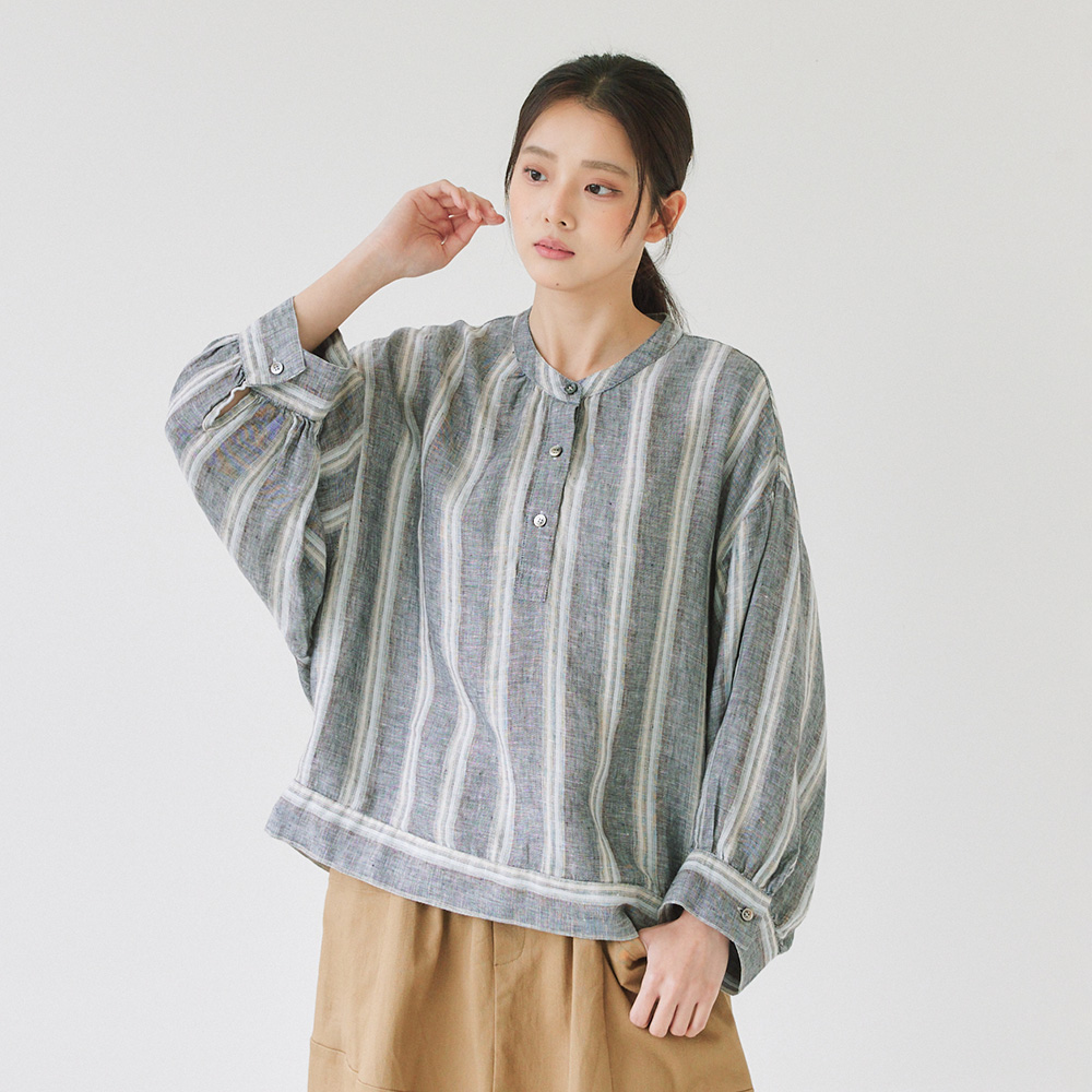 亞麻澎袖條紋上衣 灰藍F