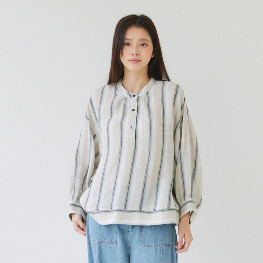 亞麻澎袖條紋上衣 杏F