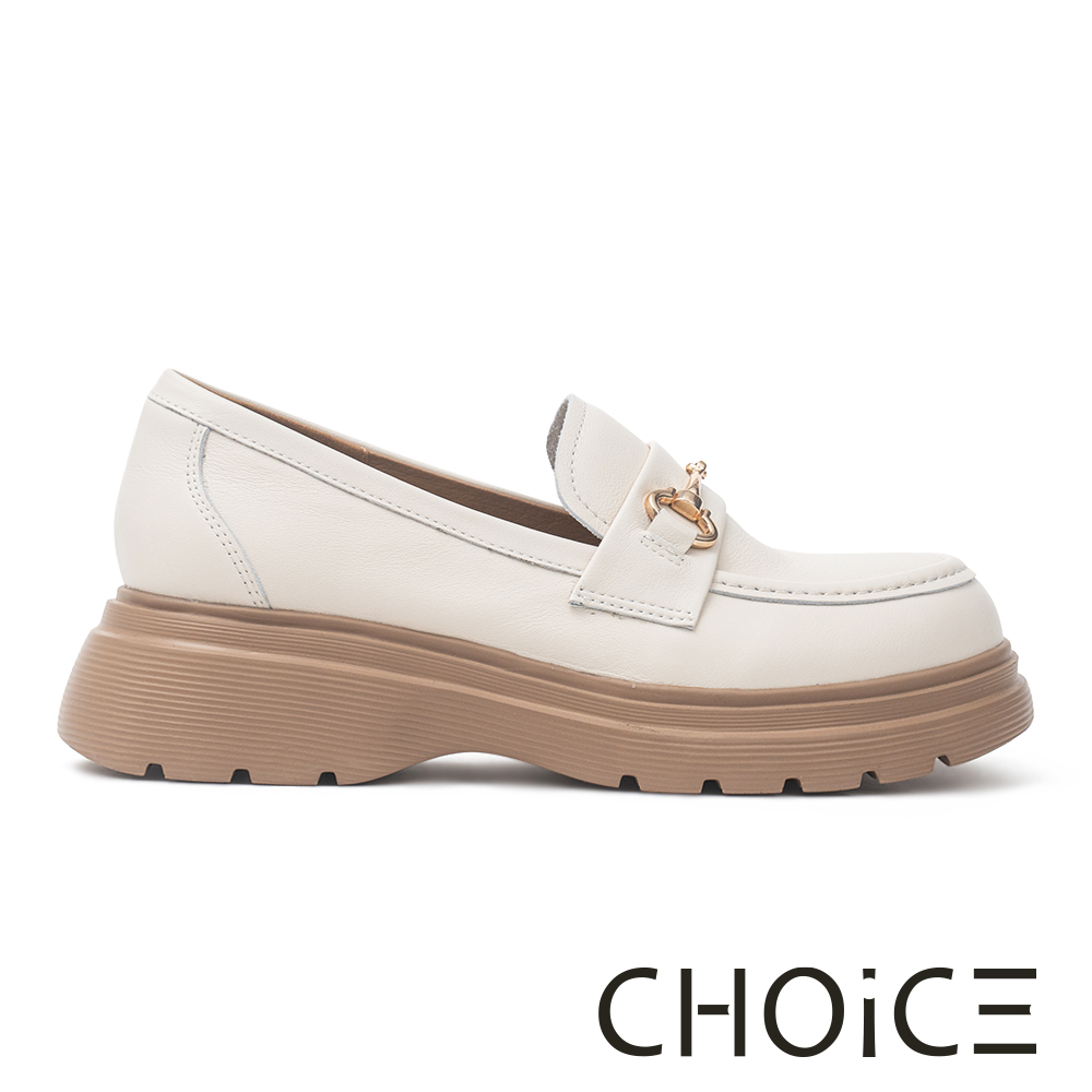 CHOiCE 復古馬銜釦真皮厚底樂福鞋 米色 #38279
