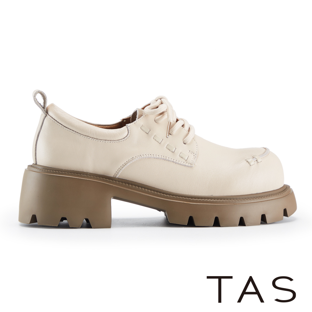 TAS 學院風真皮綁帶厚底牛津鞋 米色 #45071