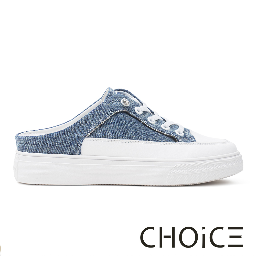 CHOiCE 牛仔布厚底免綁帶穆勒休閒鞋 藍色 #38308