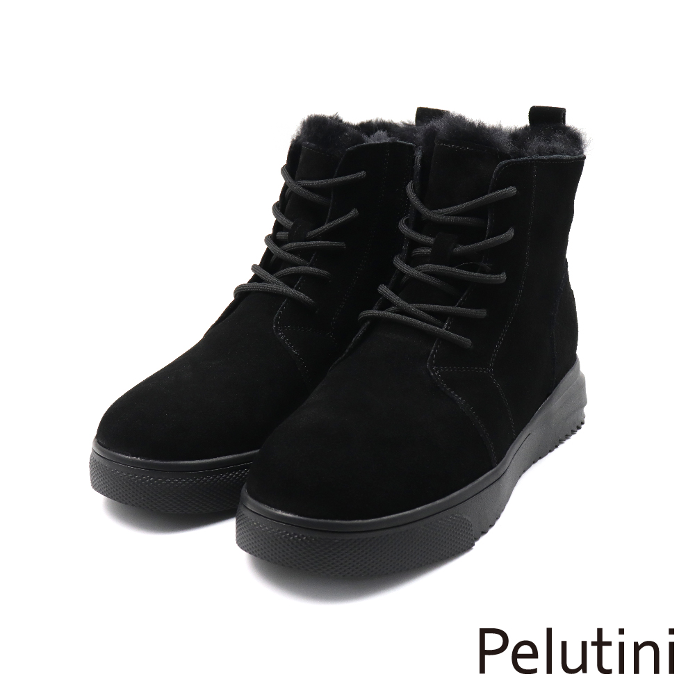 【Pelutini】經典麂皮綁帶造型內絨毛保暖靴 黑色(538106W-BLS)