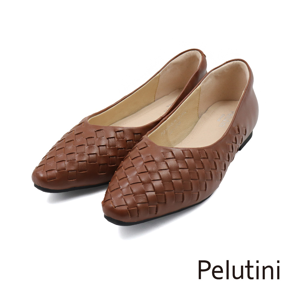 【Pelutini】尖頭菱格紋編織造型娃娃鞋 深棕色(8758W-DBR)