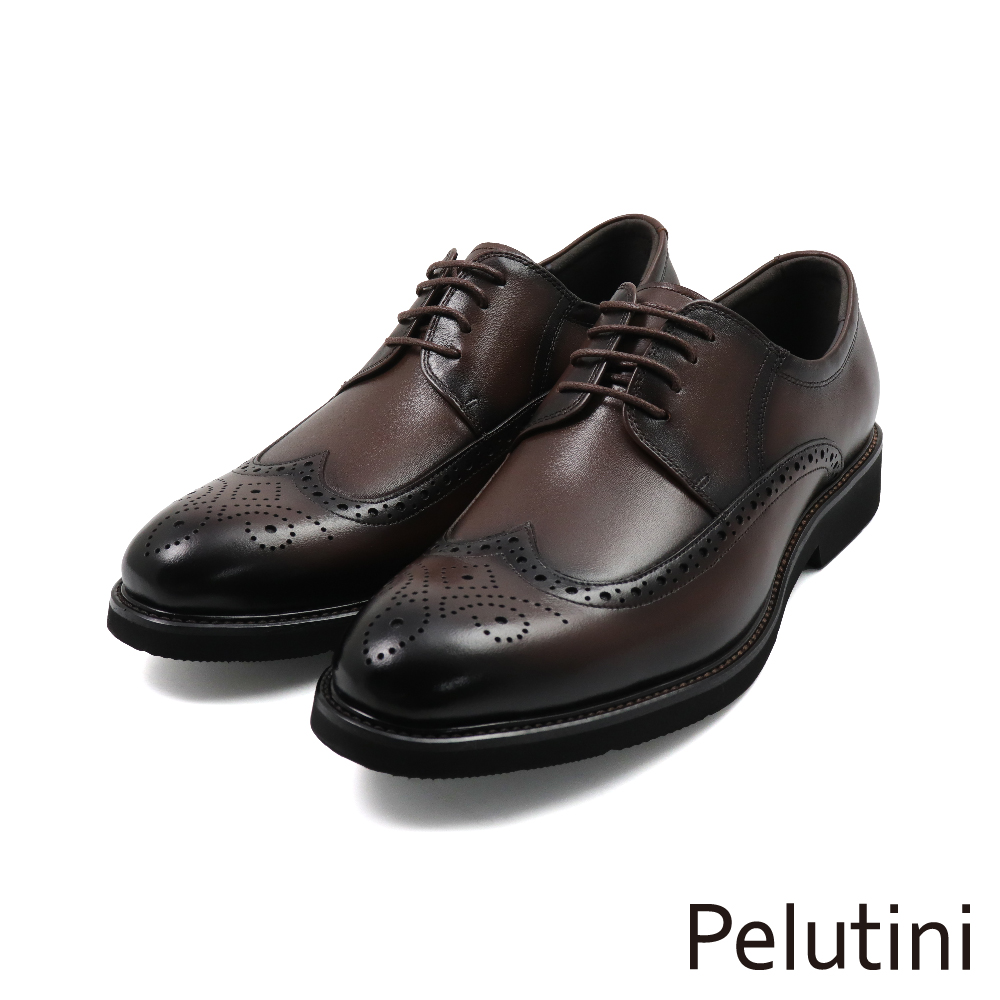 【Pelutini】經典質感輕量翼紋雕花綁帶德比鞋 深棕色(411102-DBR)
