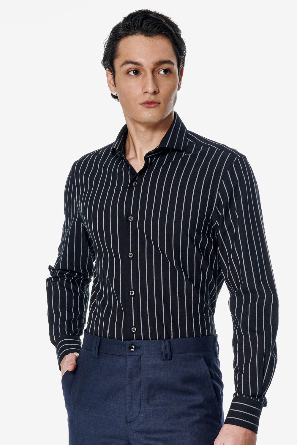 SST&C Black White Striped Slim Fit Shirt | 00062502012_0