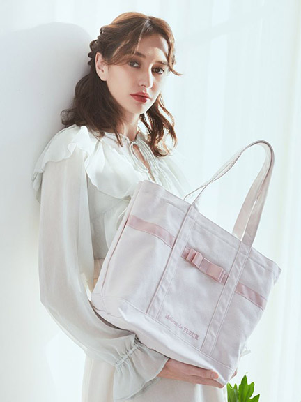 甜美緞帶多格收納手提帆布包【M】(08000140500) - Maison de FLEUR