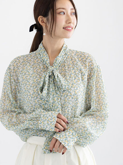 素色/碎花綁結領帶雪紡微透膚襯衫(0F000421210) - Te chichi