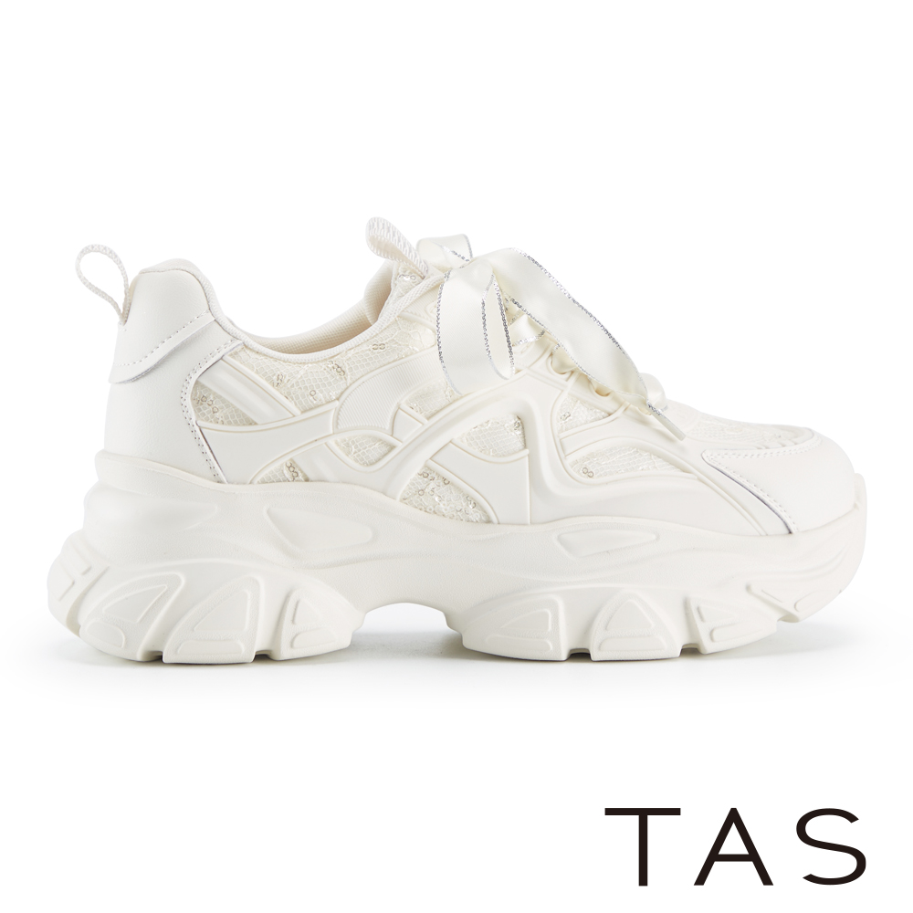 TAS 透氣網布真皮絲緞綁帶厚底老爹鞋 米色 #45201
