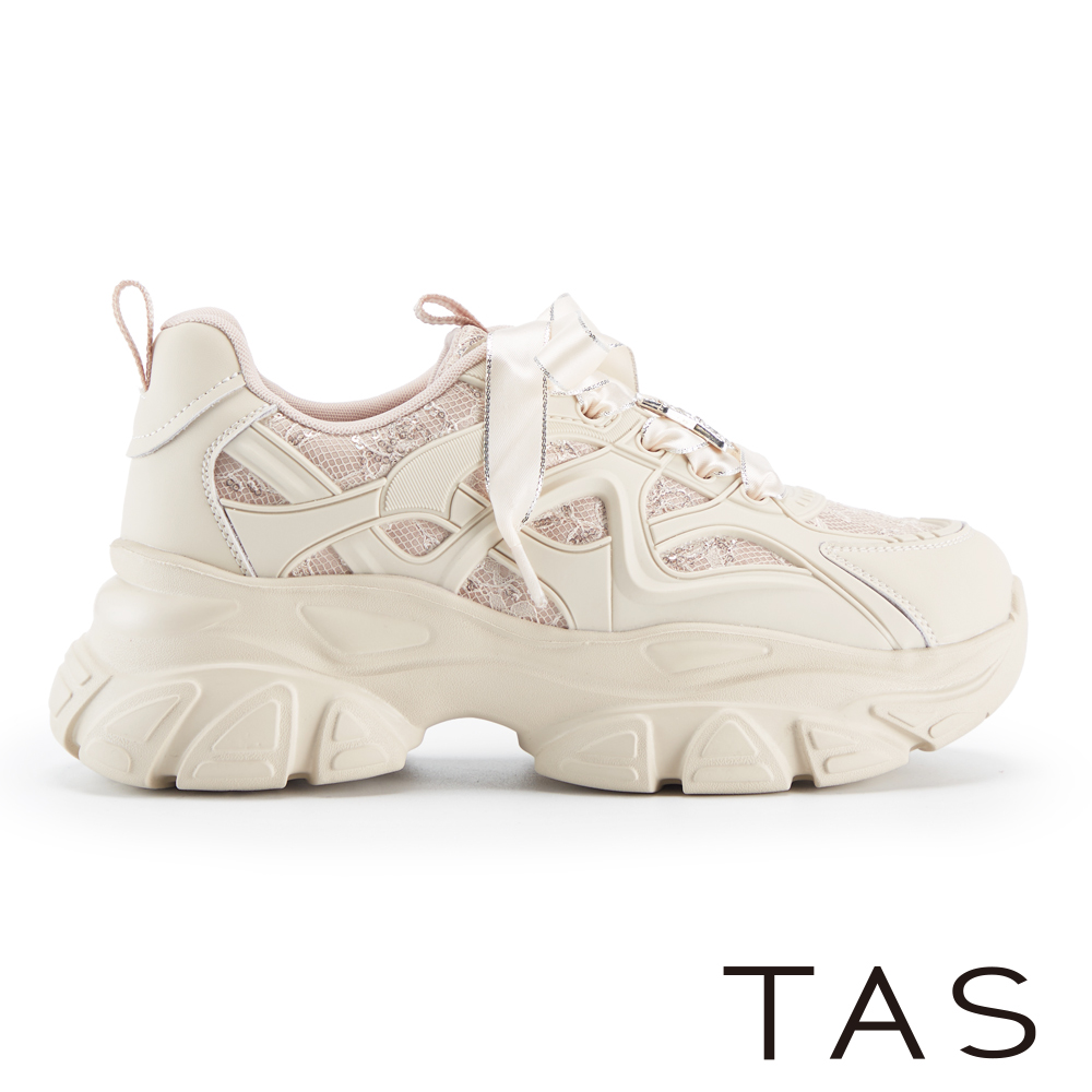 TAS 透氣網布真皮絲緞綁帶厚底老爹鞋 裸色 #45201