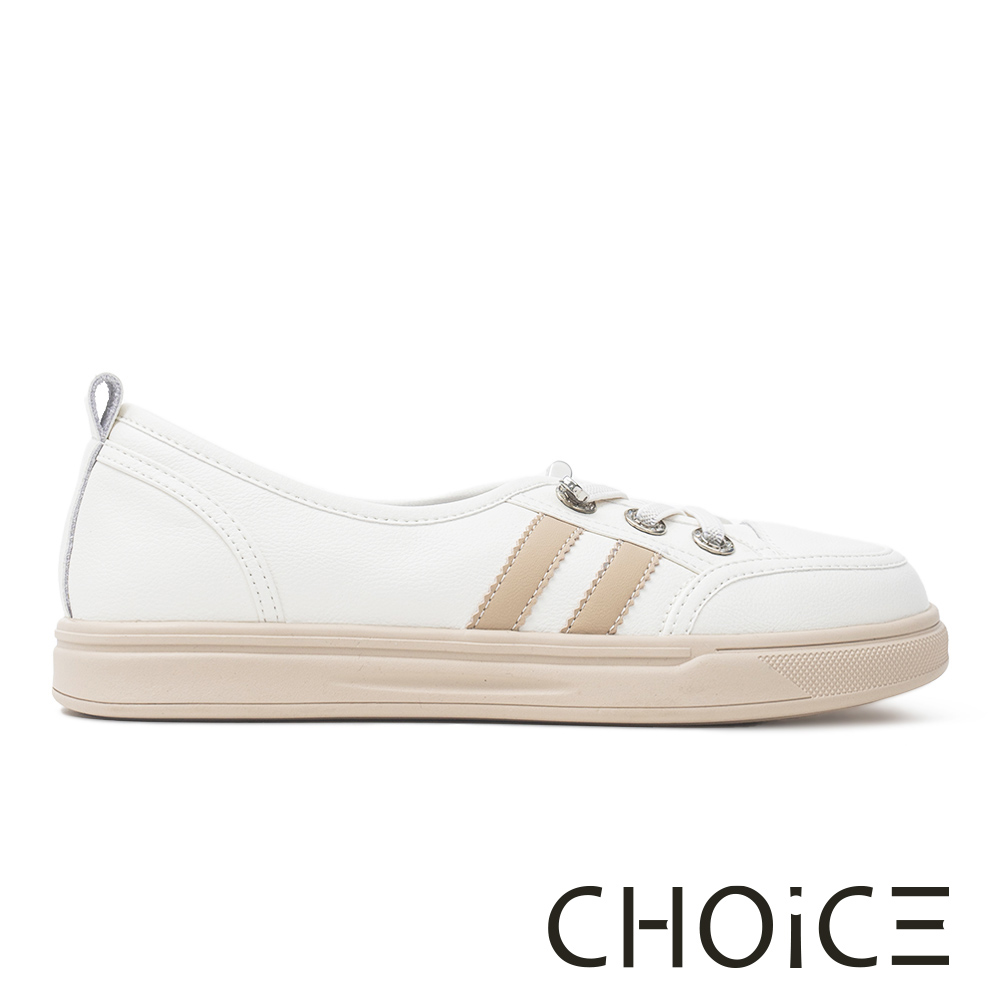 CHOiCE 雙槓彈力鞋帶鑽環平底休閒鞋 杏色 #38353