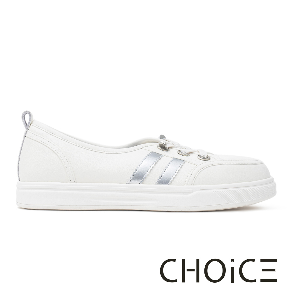 CHOiCE 雙槓彈力鞋帶鑽環平底休閒鞋 銀色 #38353