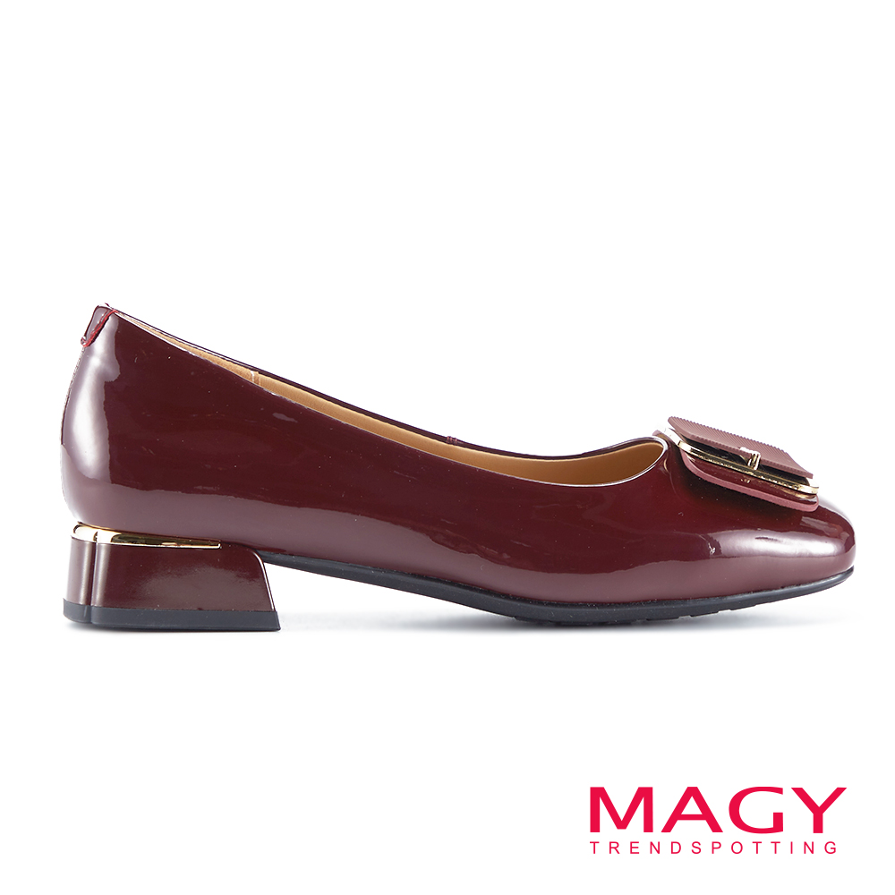MAGY 淑女方頭淺口漆皮透氣低跟鞋 酒紅 #14728