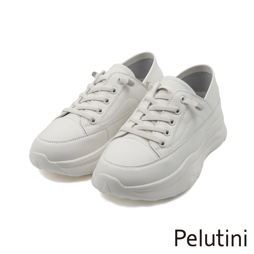 【Pelutini】免綁帶厚底增高軟墊真皮休閒鞋 白色(435106W-WH)