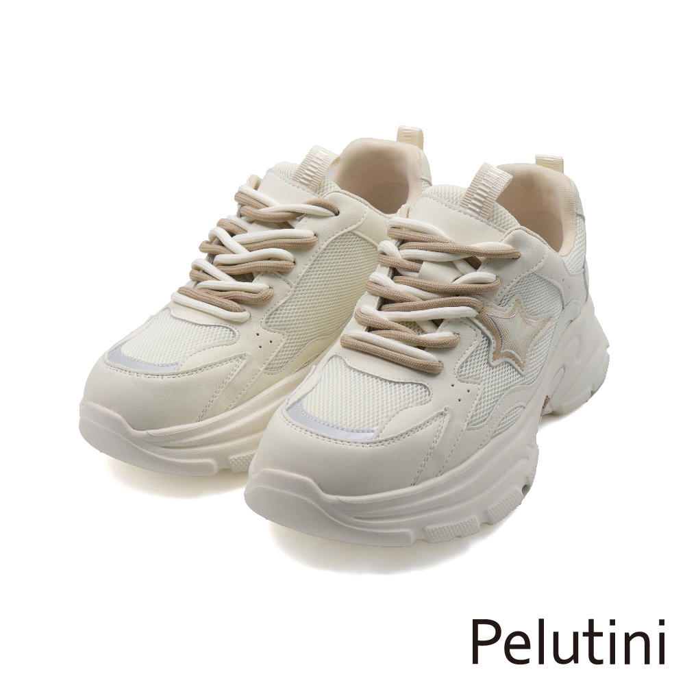 【Pelutini】雙色厚底增高軟墊真皮造型老爹鞋 白色(435109W-WH)
