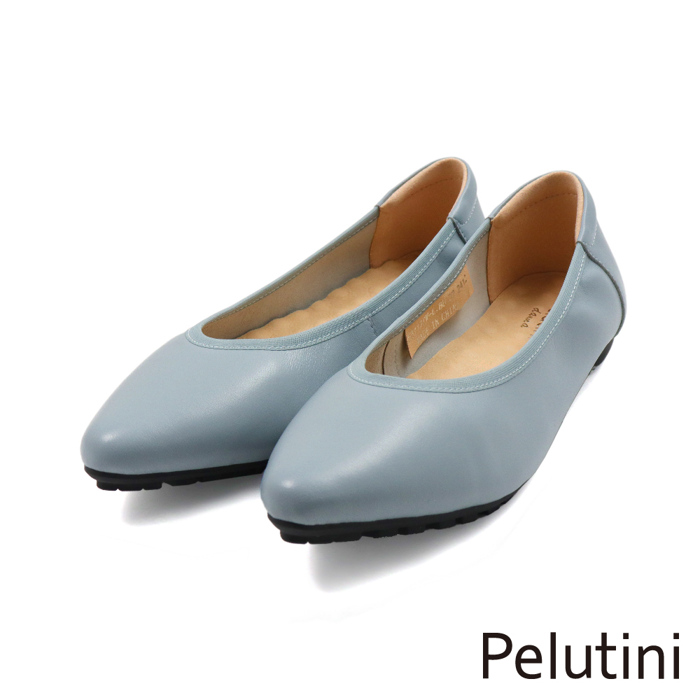 【Pelutini】經典小羊皮素面尖頭平底娃娃鞋 水藍色(531137W-LBU)