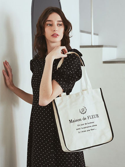 配色滾邊方型帆布手提袋(08000129100) - Maison de FLEUR