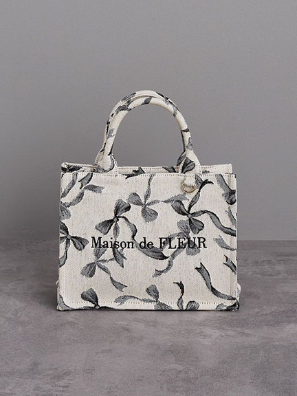 【WEB限定】氣質蝴蝶結緞帶花紋方形手提托特包【S】(08000196800) - Maison de FLEUR