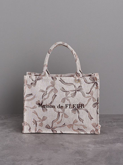 氣質蝴蝶結緞帶花紋方形手提托特包【M】(08000196900) - Maison de FLEUR