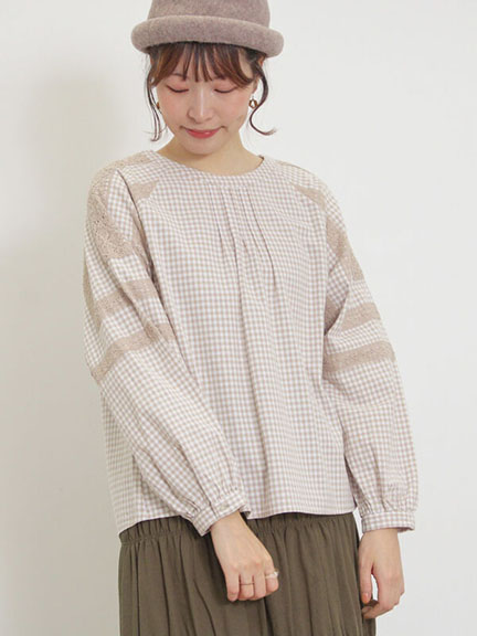 素色/格紋蕾絲造型圓領襯衫上衣(0F000448110) - Samansa Mos2