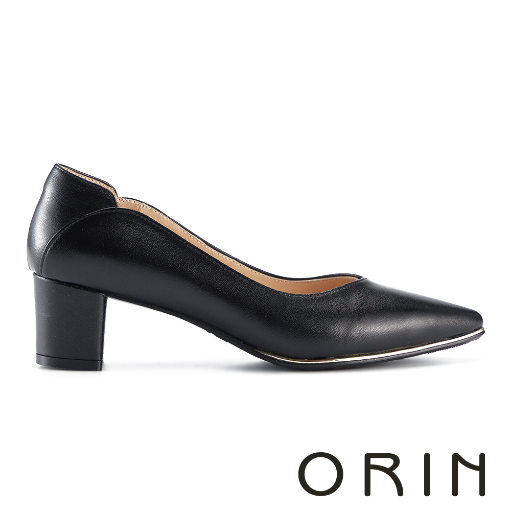 ORIN 素面羊皮尖頭粗中跟鞋  黑色 #25031