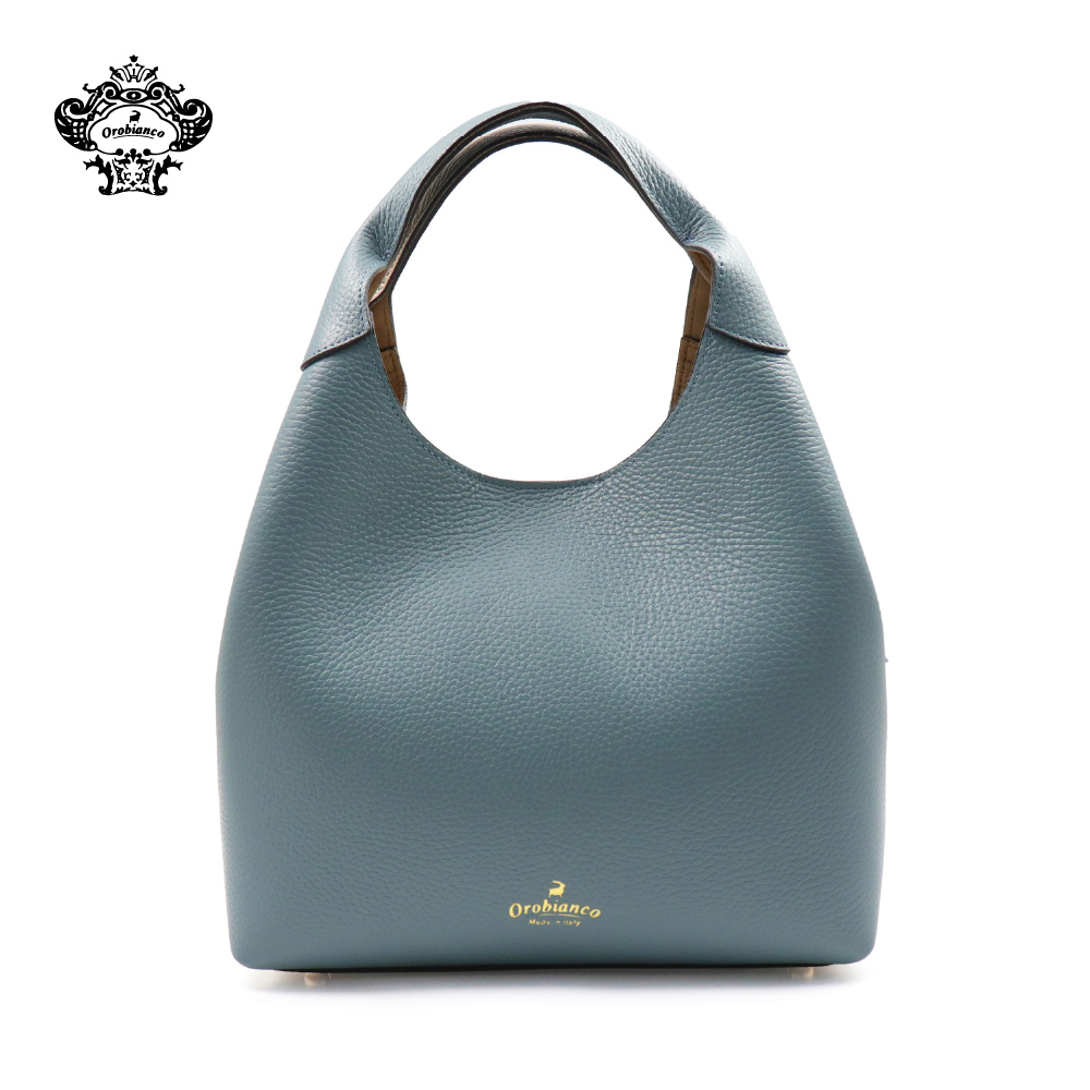 【Orobianco】義大利原廠真皮素面雙色兩用肩背包 米藍色(O5298-B)