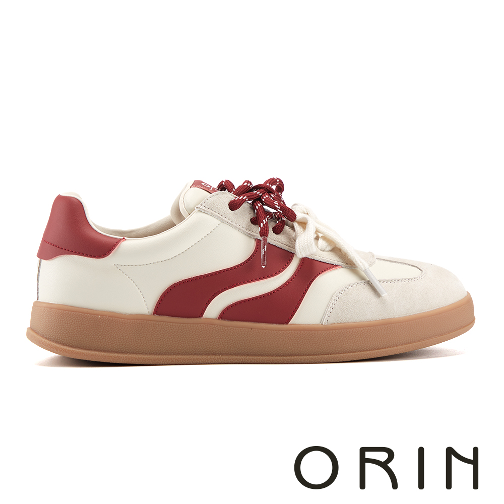 ORIN 拚色皮革綁帶德訓休閒平底鞋 紅色 #25213