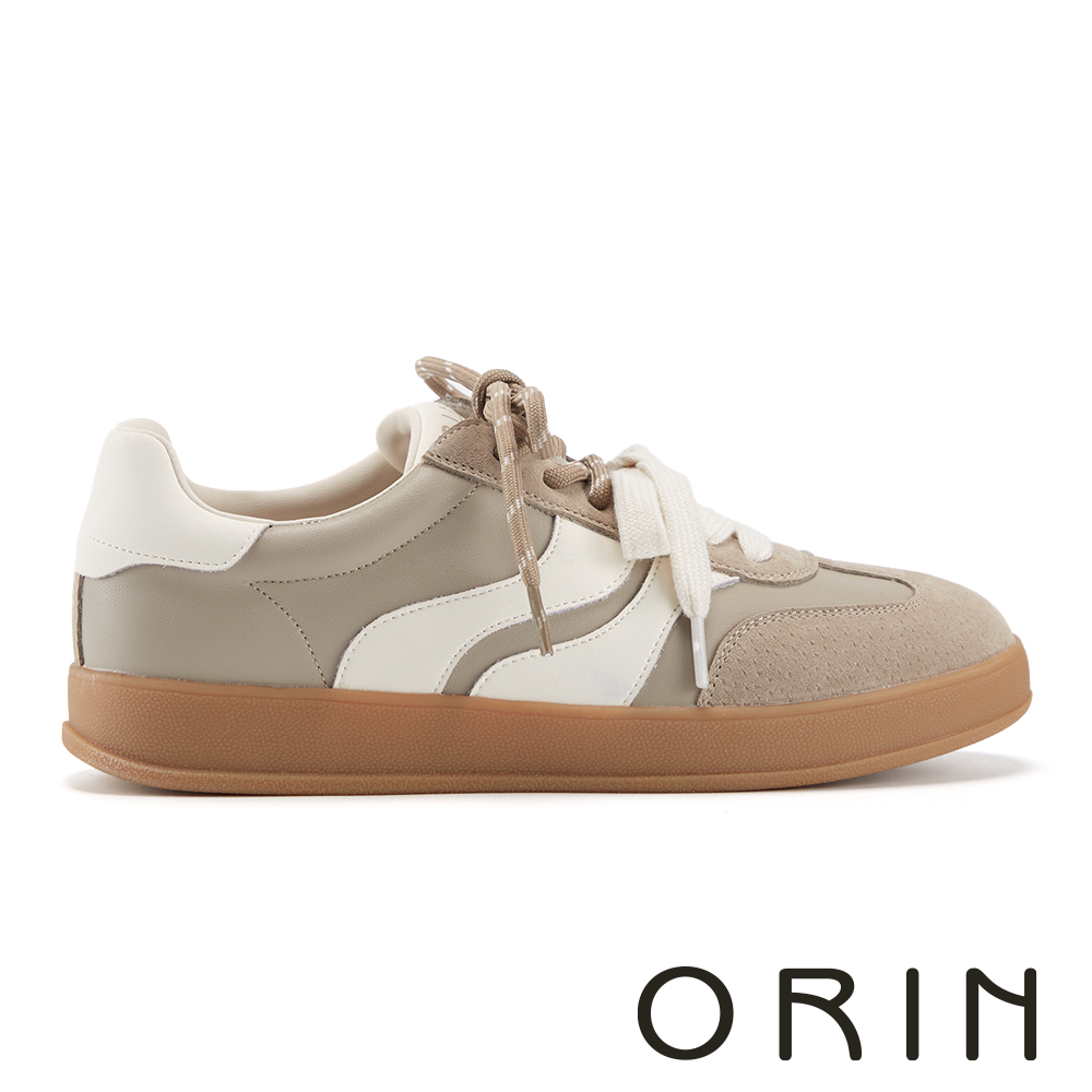 ORIN 拚色皮革綁帶德訓休閒平底鞋 可可#25213