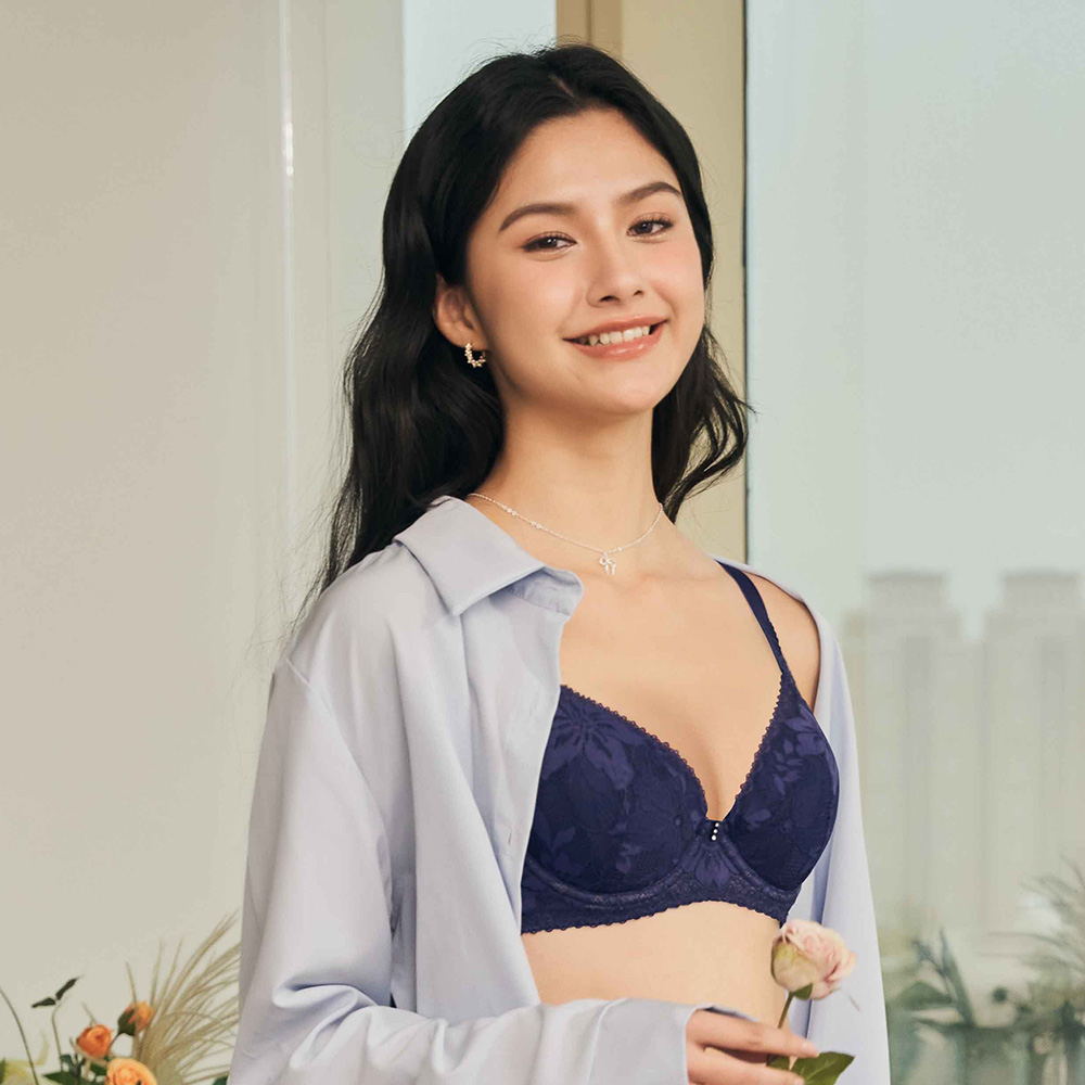 [EASY SHOP]Rose玫瑰香調薄杯軟鋼圈輕塑圓潤美胸內衣-深情玫瑰藍