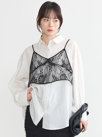 【SET ITEM】透明感花卉蕾絲背心+長袖襯衫(01000102700) - earth music&ecology