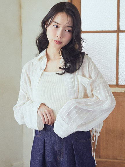透明感條紋刺繡緹花短版襯衫(01000102800) - earth music&ecology