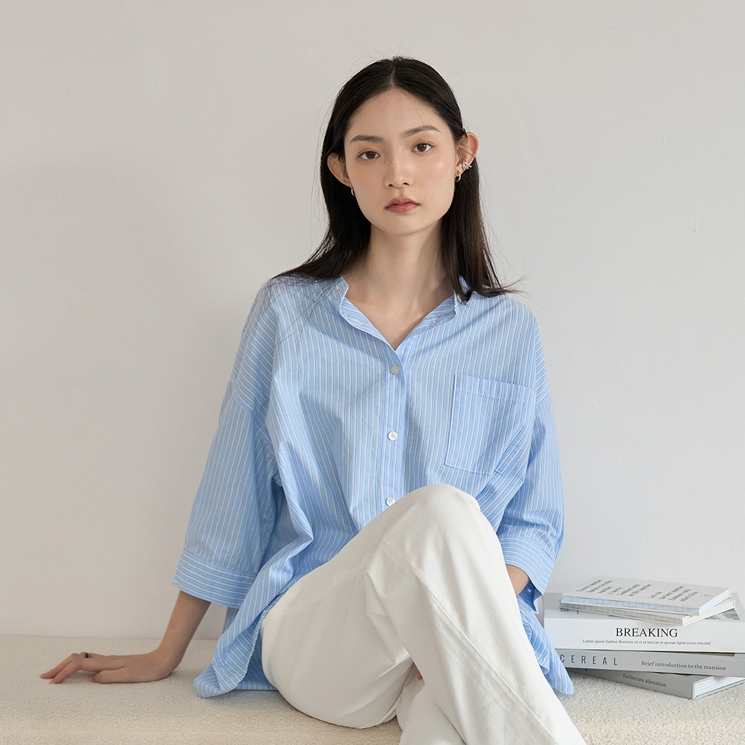 都市文青簡約立領襯衫(水藍)-女_0