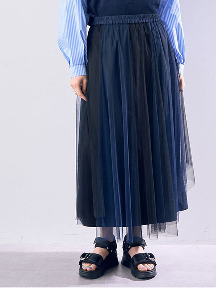 【SET ITEM】素色抓褶長裙+薄紗長裙(07000304100) - YECCA VECCA