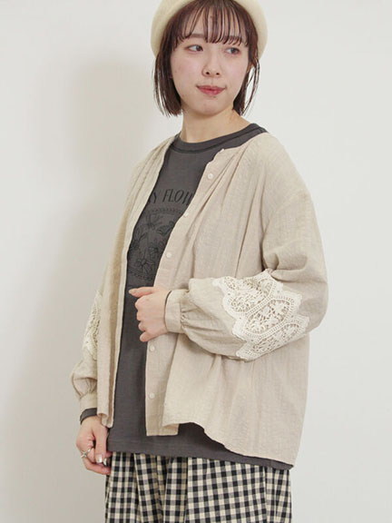 袖蕾絲圖案立領襯衫(0F000555510) - Samansa Mos2