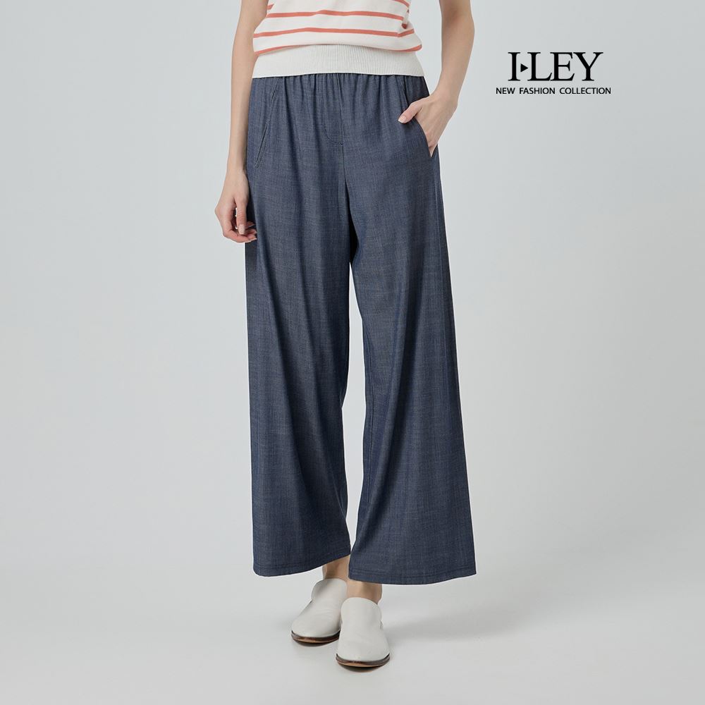 ILEY伊蕾 字母鬆緊織帶縲縈牛仔寬褲(藍；M-2L)_0