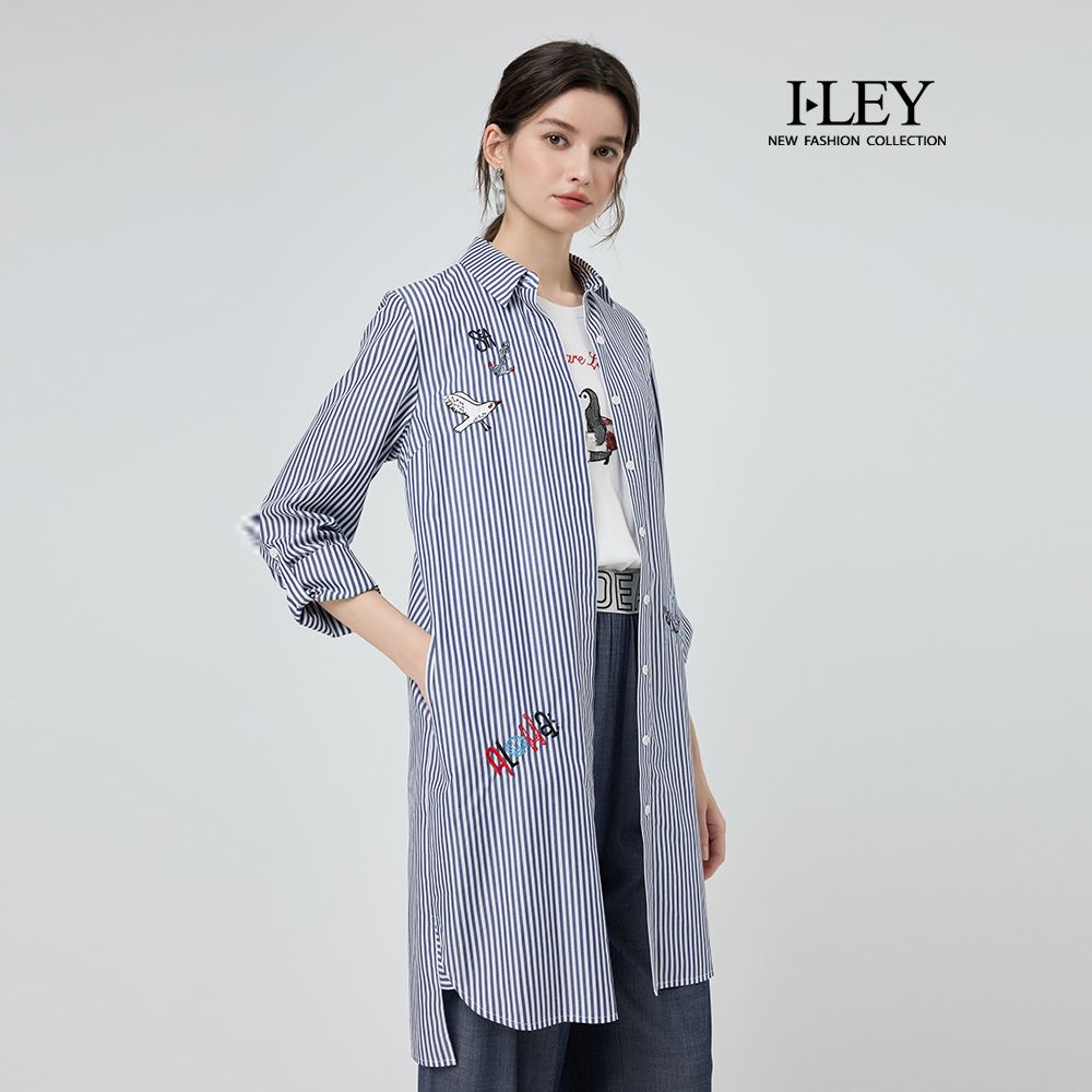 ILEY伊蕾 刺繡條紋萊賽爾棉質長版襯衫(深藍；M-XL)_0
