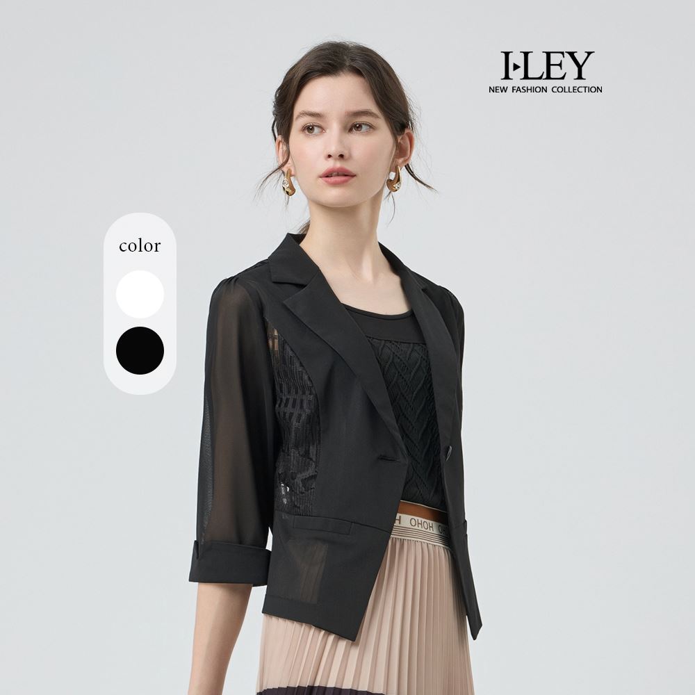 ILEY伊蕾 蕾絲網紗拼接透膚西裝外套(兩色；M-2L)_0