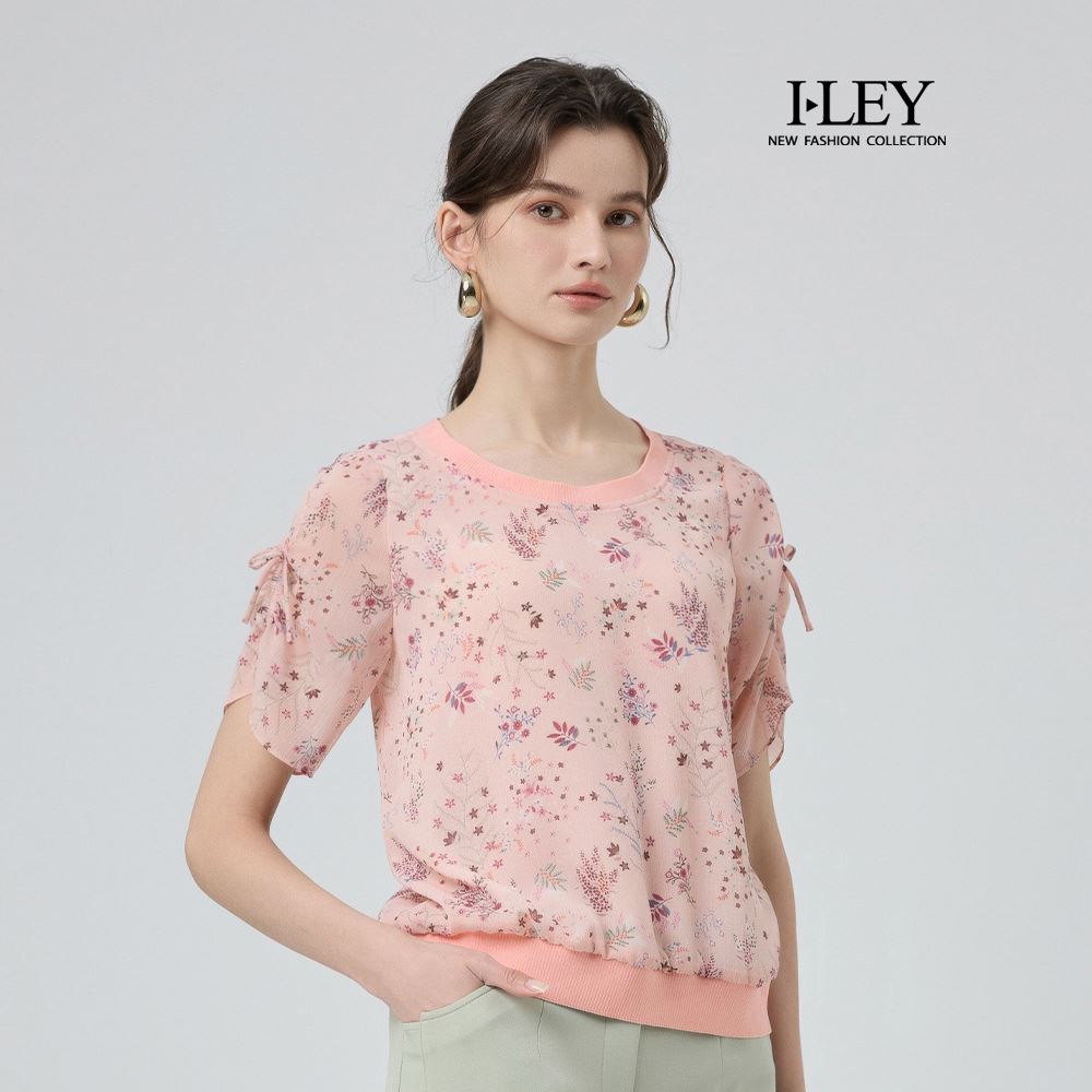 ILEY伊蕾 印花拼接羅紋雪紡上衣(粉；M-2L)_0