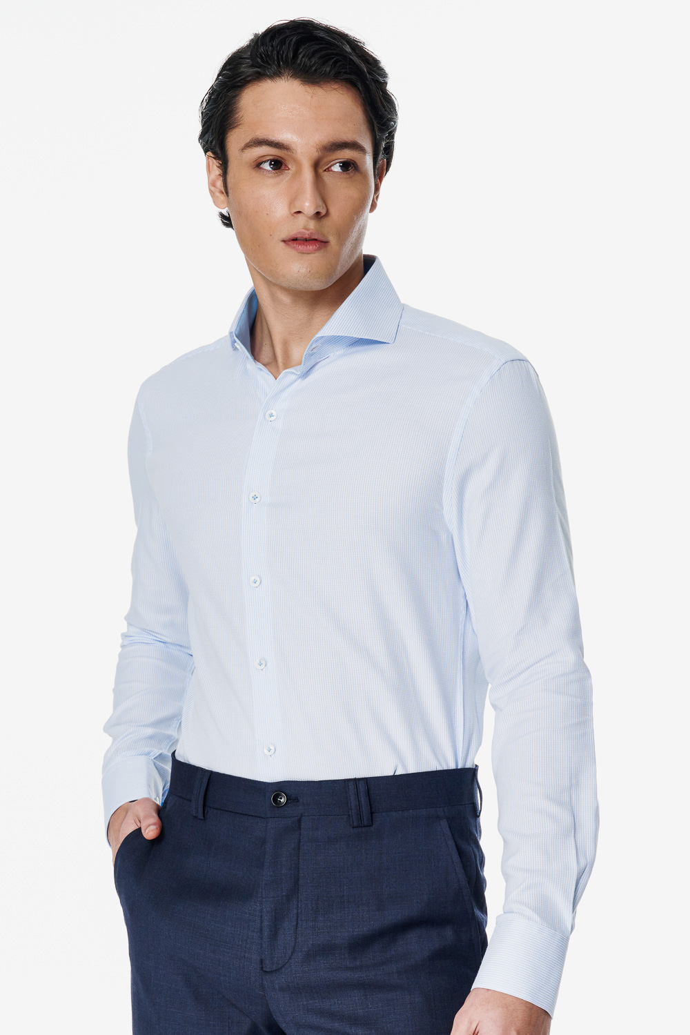 SST&C Light Blue Textured Slim Fit Shirt | 00062503005_0