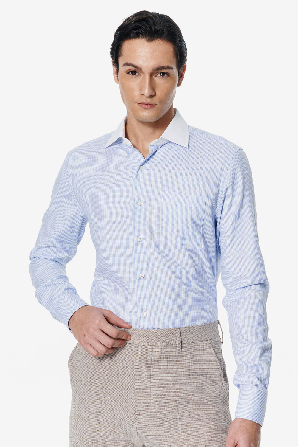 SST&C Sky Blue Houndstooth Textured Slim Fit Shirt | 00062503009_0