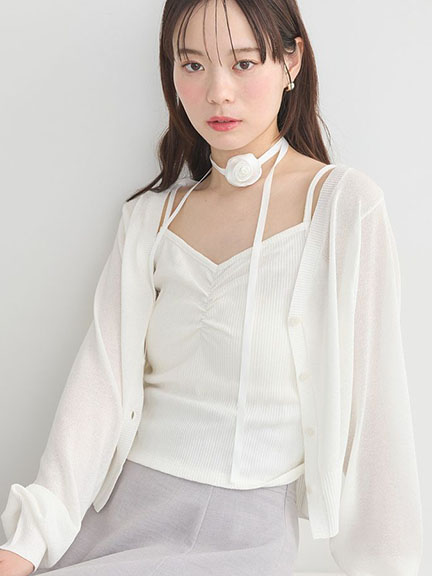 【SET ITEM】玫瑰緞帶頸鍊+V領抽皺細肩背心(01000138000) - earth music&ecology