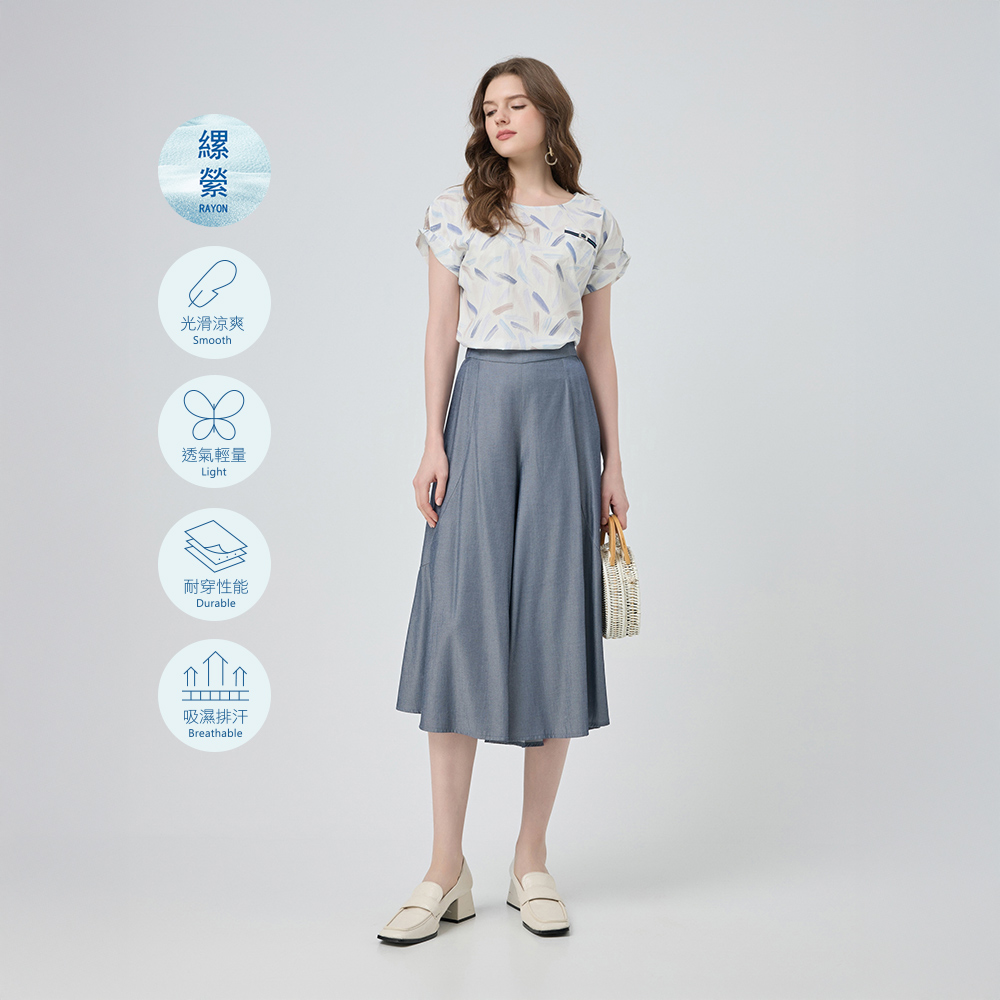 ILEY伊蕾 光澤感縲縈七分牛仔寬褲(藍；M-XL)_1