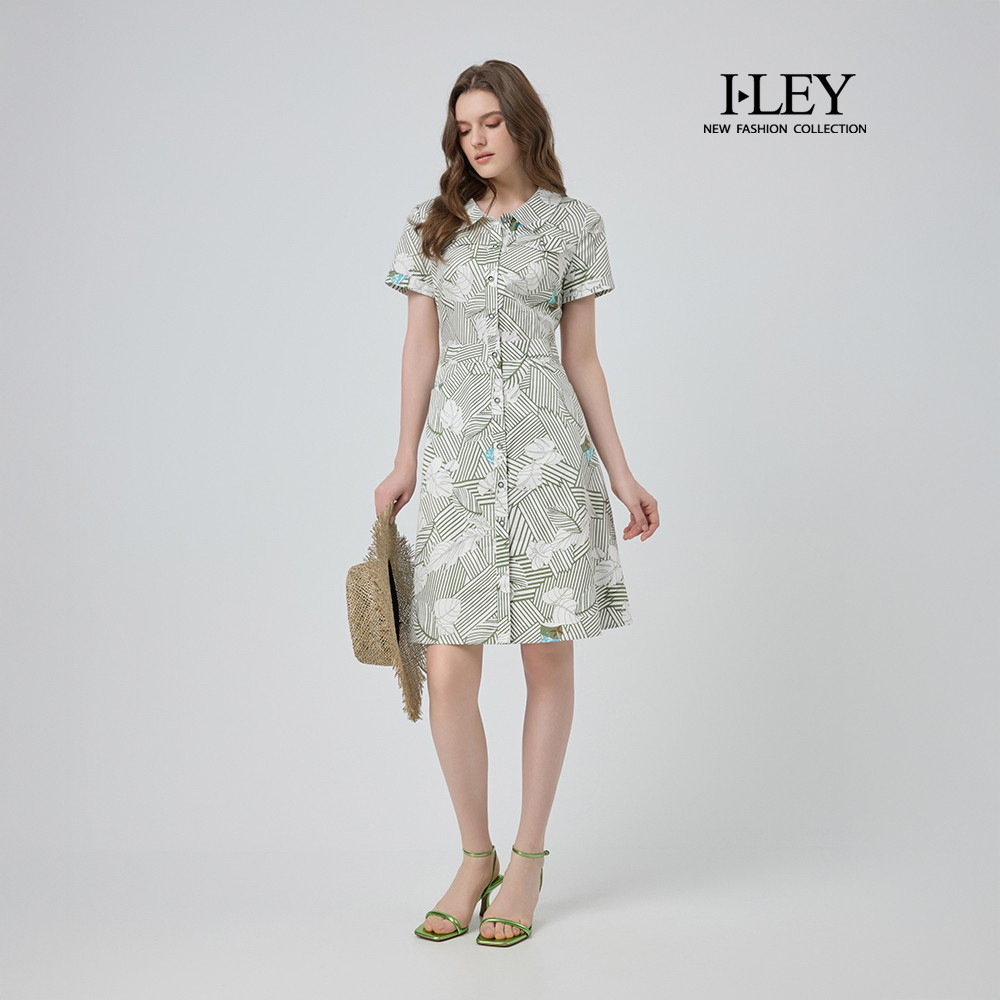 ILEY伊蕾 清爽夏日印花純棉襯衫領洋裝(綠；M-2L)_0