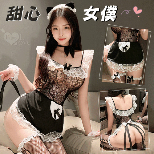 女僕角色扮演服！蕾絲花邊後裸空蜜桃臀網衣裙含襪五件式套裝 E531891