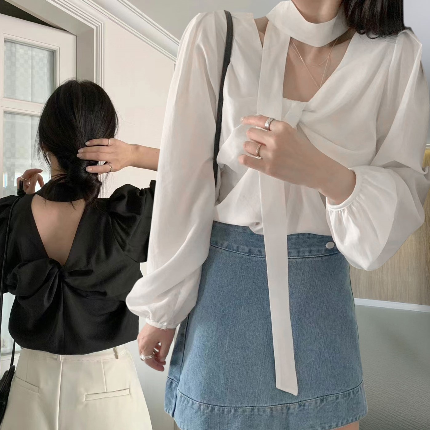 前後兩穿飄帶扭結泡泡袖襯衫_0