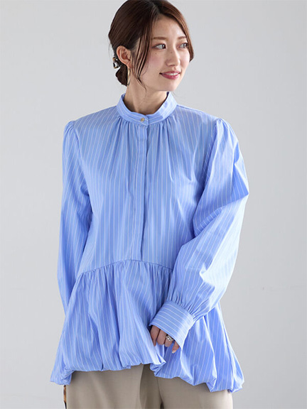 素面/條紋澎澎燈籠裙襬無領單釦襯衫(0F000571710) - Te chichi