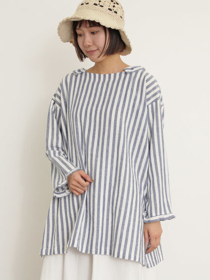素面/條紋荷葉邊小翻領長版襯衫/上衣(0F000555710) - Samansa Mos2