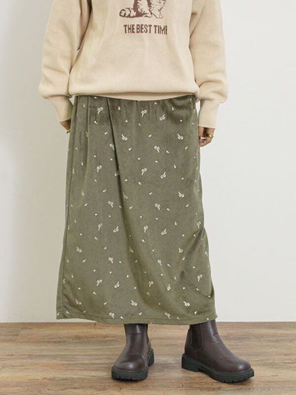 素面細褶/天鵝絨質感碎花刺繡長裙(0F000345110) - Samansa Mos2